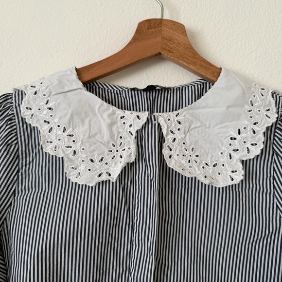 J. Crew Lace Collar Poplin Top Stripe Size XS BS126 Cottagecore Neutral Spring - Picture 5 of 13